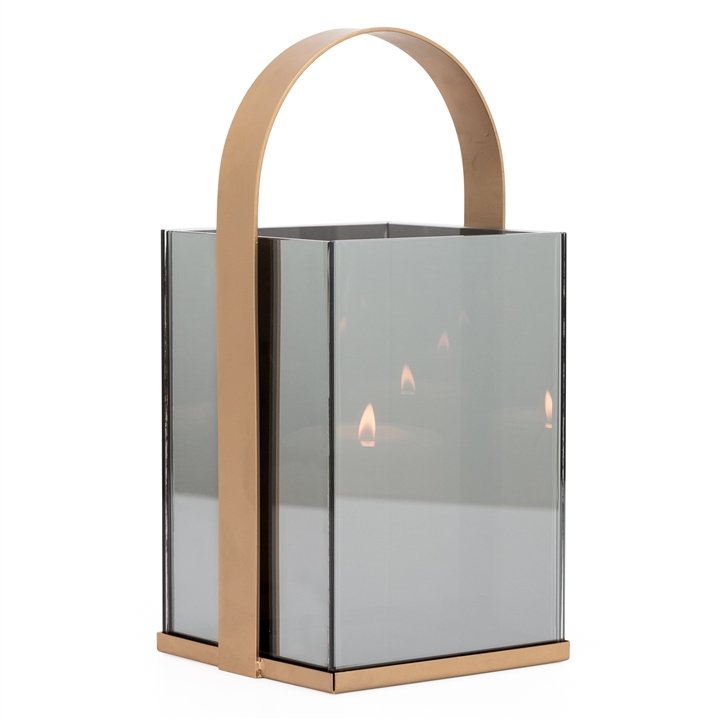 Smoke Mirror Glass 11.75h" Gold Handle Vase Lantern - Image 2