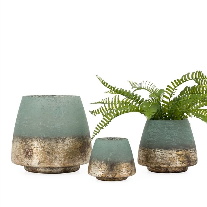 Cambria Seagreen Metallic Etched Glass 4.5d x 3.5h" Hurricane Vase - Image 2