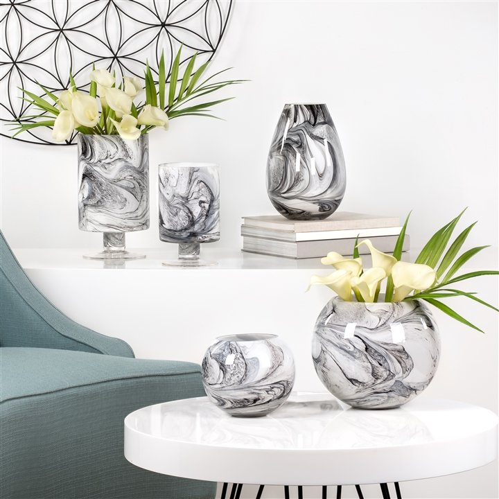 Marble Ink Swirl 8h" Glass Cylinder Vase On Base - Image 3