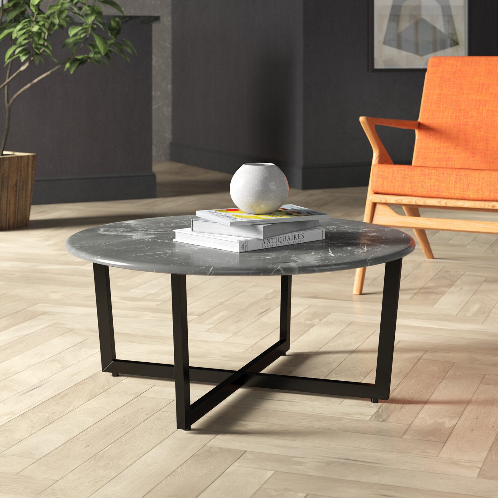 Llona Round Coffee Table in Black Marble Melamine with Matte Black Base - Image 7