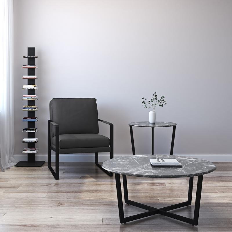 Llona Round Side Table in Black Marble Melamine with Matte Black Base - Image 5