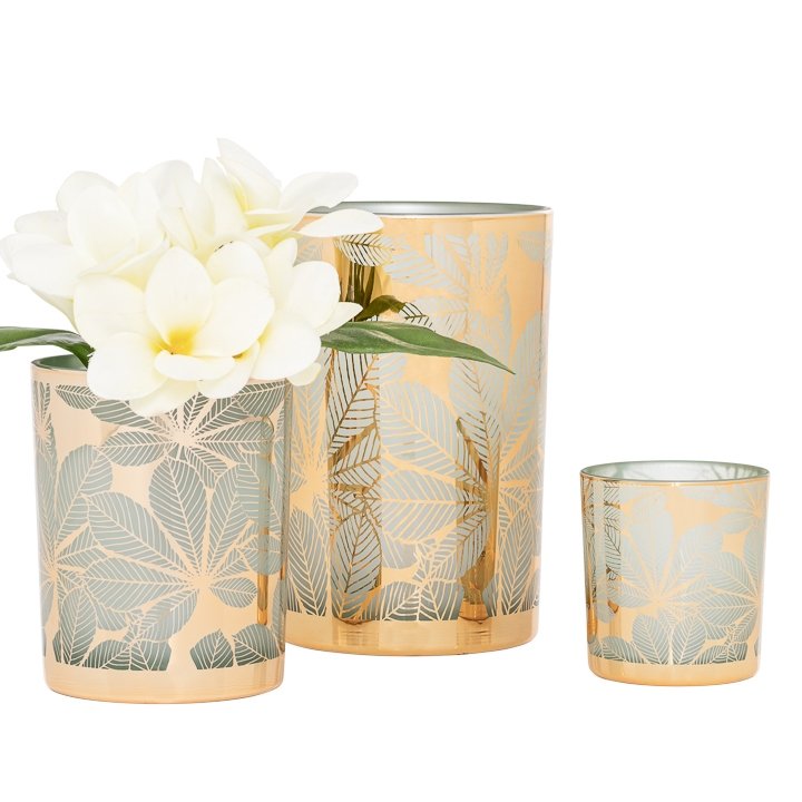 Thea Green Leaf Gold Mirror 4d x 5" Glass Hurricane Vase - Image 4
