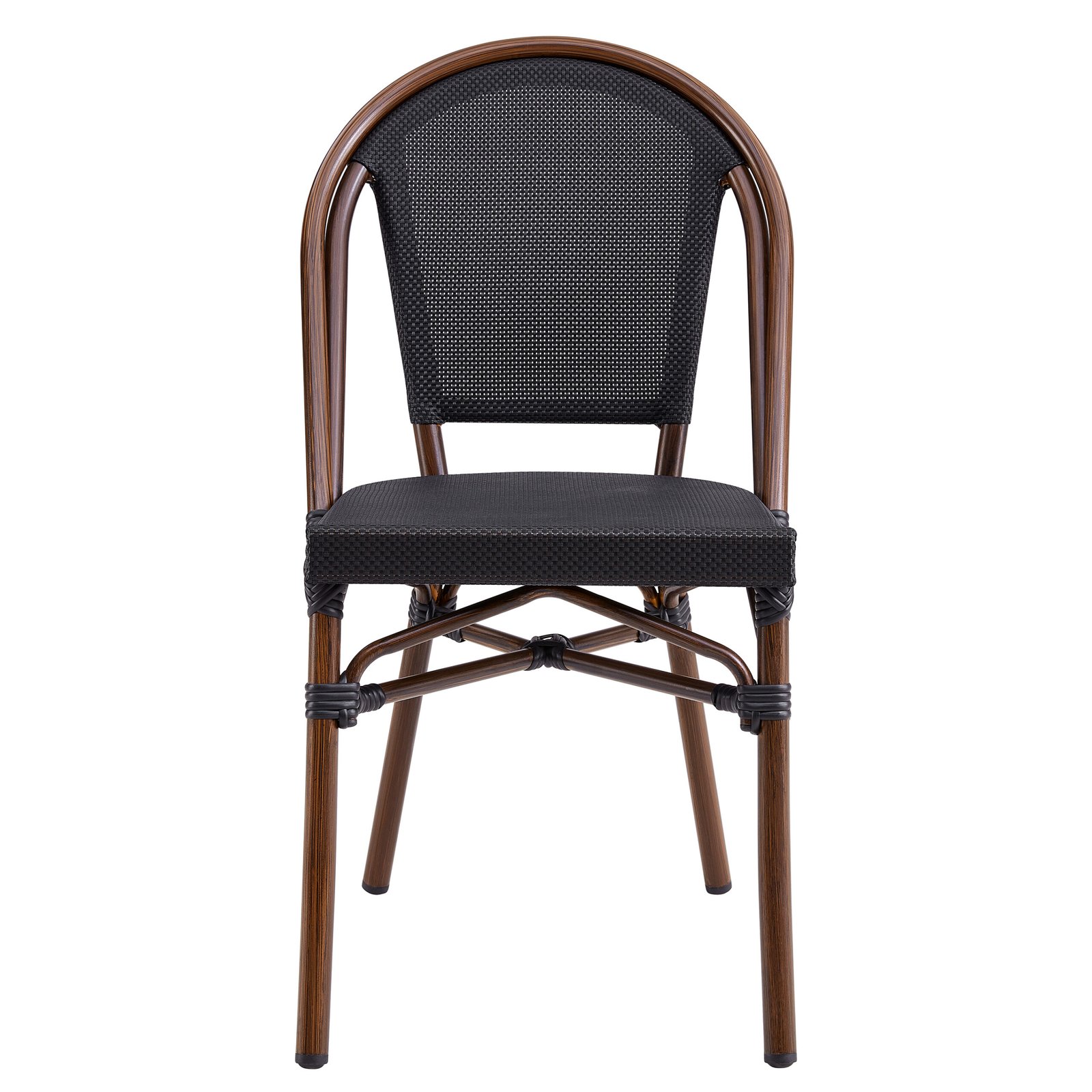 Jannie Stacking Side Chair in Black Textilene Mesh with Brown Frame