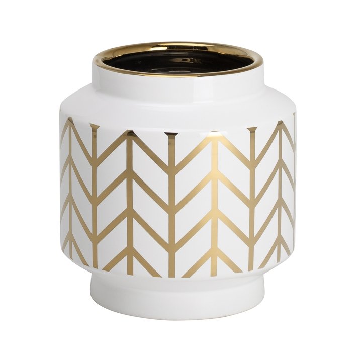 Elements Chevron Gold Stripe Pattern 6.5 Inch Tall White Ceramic Planter Vase