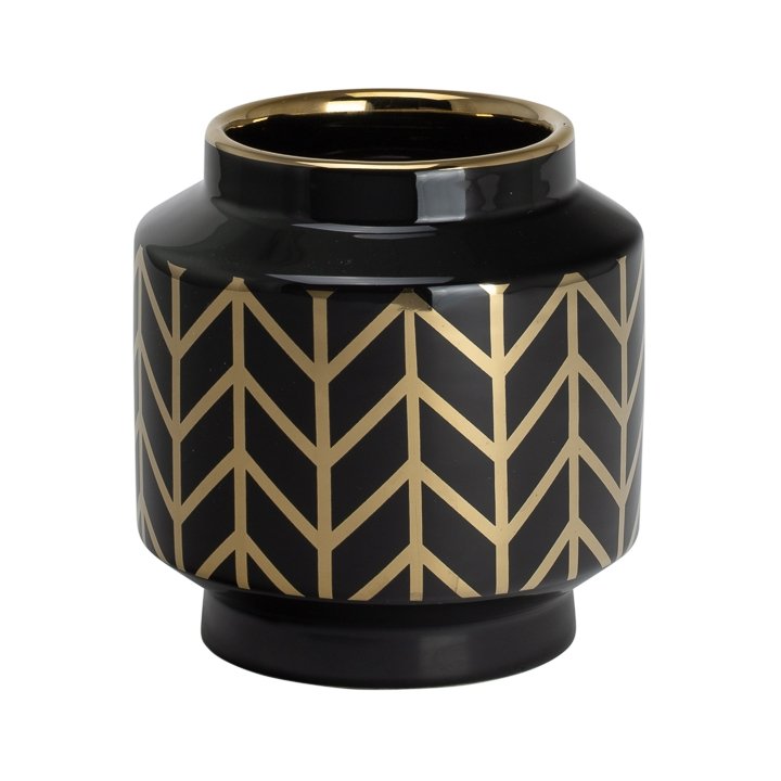 Elements Chevron Gold Stripe Pattern 6.5h" Black Ceramic Planter Vase