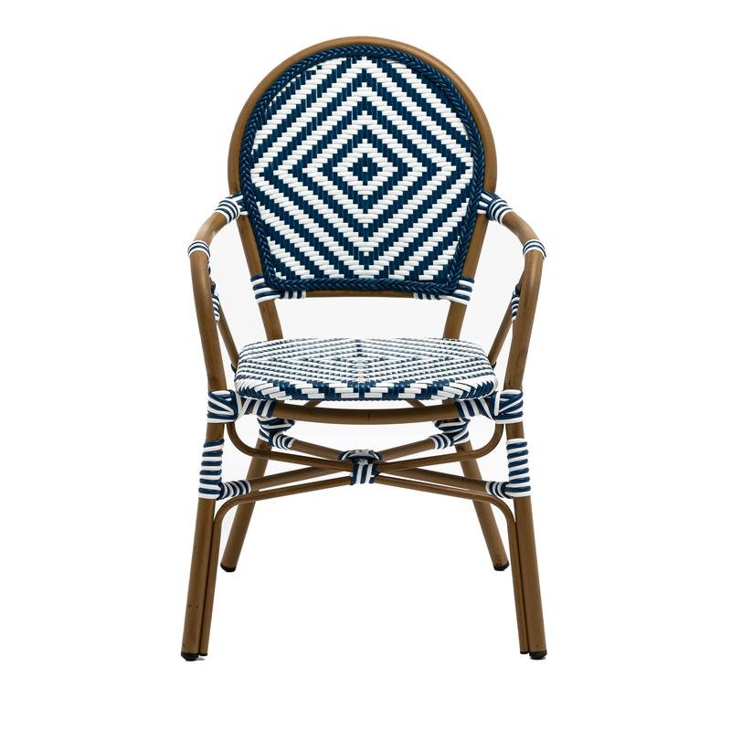 Orla Stacking Armchair in Blue/White Polyethylene Rattan with Light Brown Powder Coated Frame