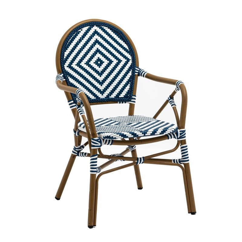 Orla Stacking Armchair in Blue/White Polyethylene Rattan with Light Brown Powder Coated Frame - Image 2