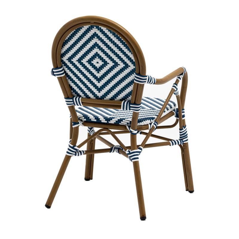 Orla Stacking Armchair in Blue/White Polyethylene Rattan with Light Brown Powder Coated Frame - Image 4