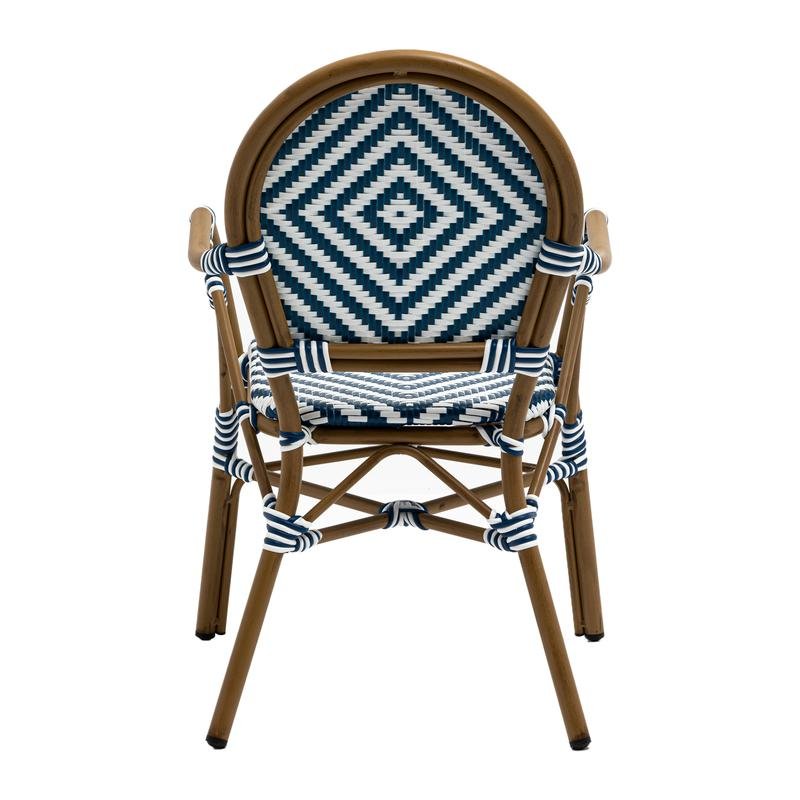 Orla Stacking Armchair in Blue/White Polyethylene Rattan with Light Brown Powder Coated Frame - Image 5