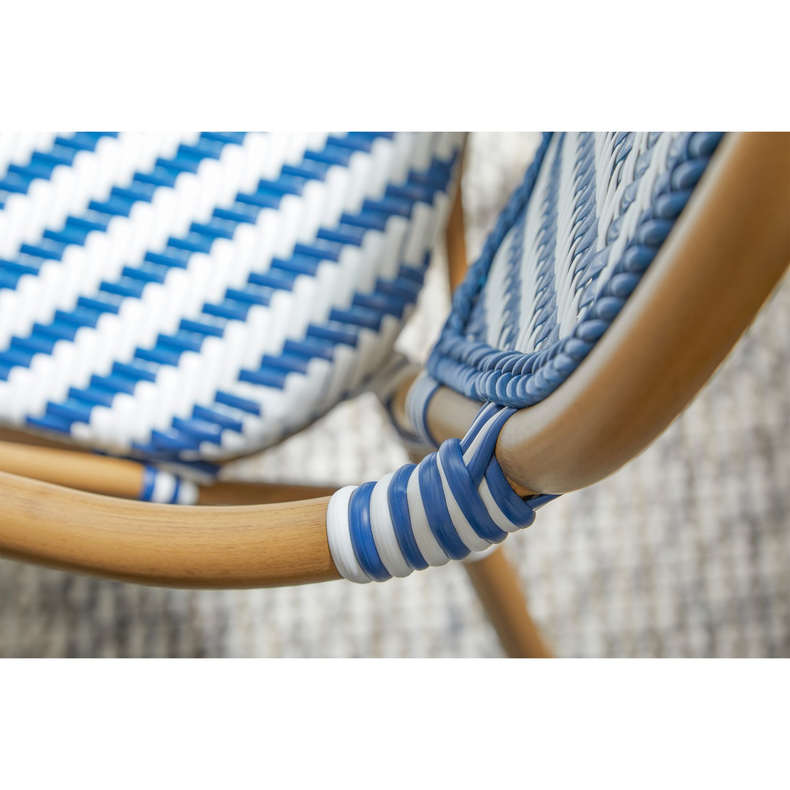 Orla Stacking Armchair in Blue/White Polyethylene Rattan with Light Brown Powder Coated Frame - Image 9