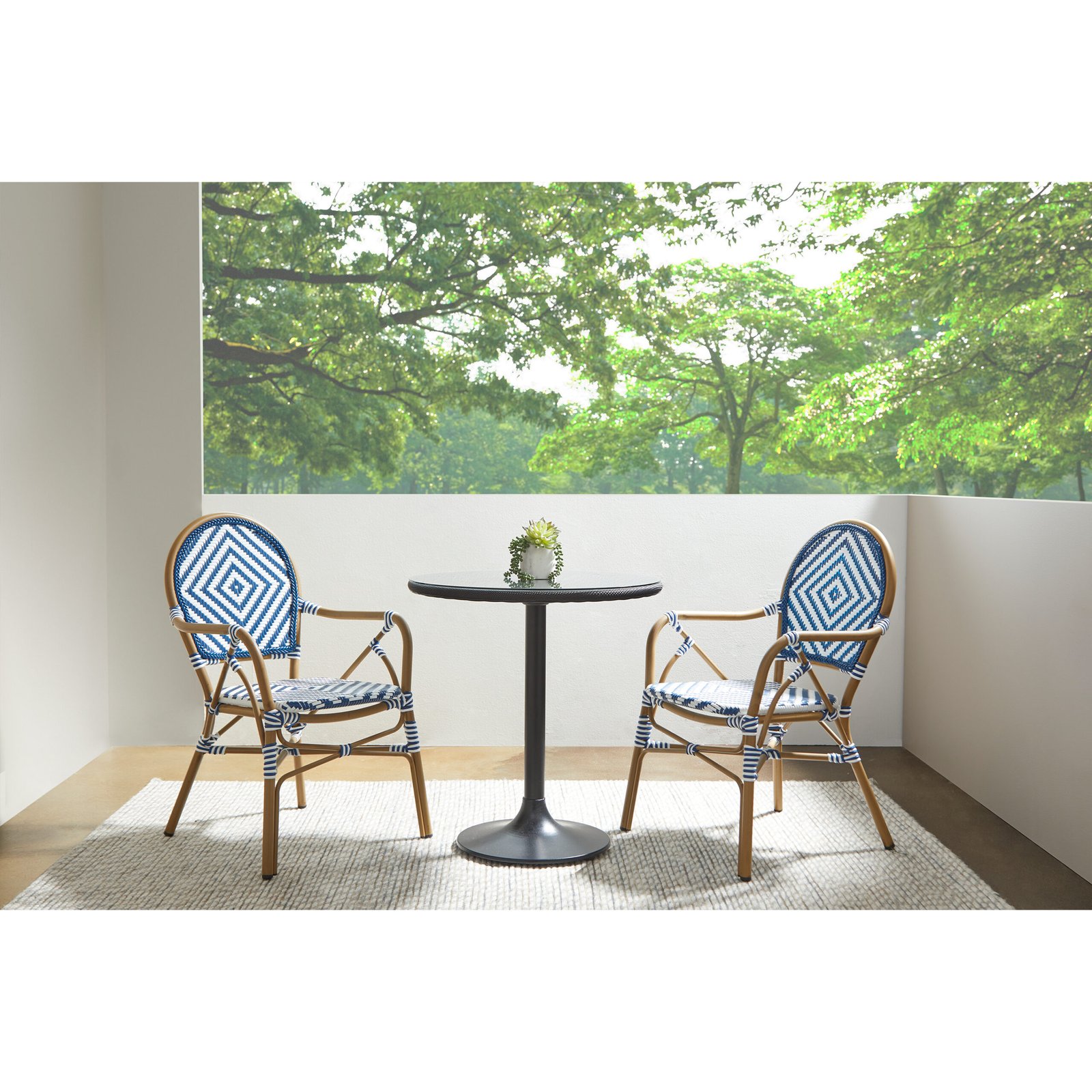 Orla Stacking Armchair in Blue/White Polyethylene Rattan with Light Brown Powder Coated Frame - Image 10