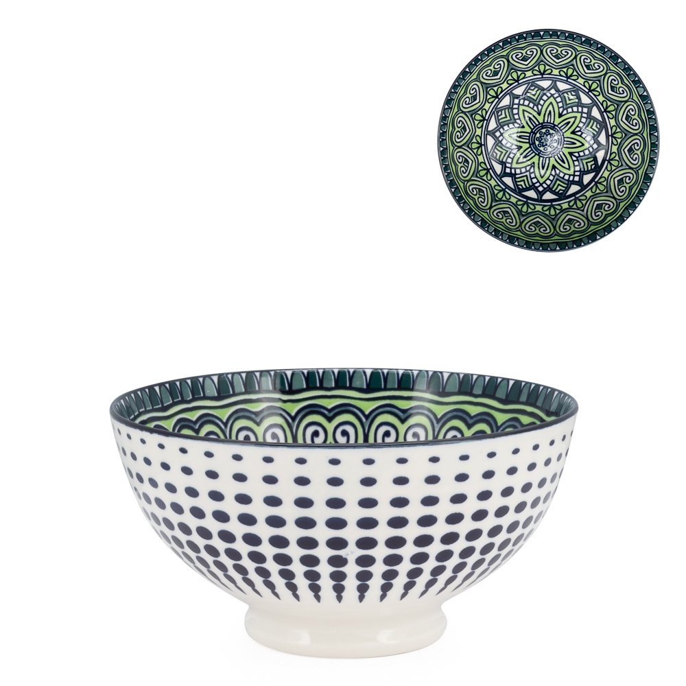 Kiri Porcelain 22 oz 6" Diameter Bowl - Green Mandala
