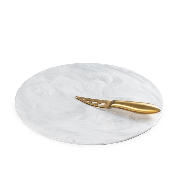 Savour Ceramic Marble Round Cheese Board with Gold Knife Set