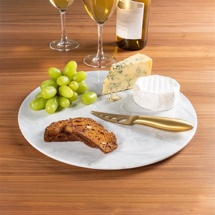 Savour Ceramic Marble Round Cheese Board with Gold Knife Set - Image 2