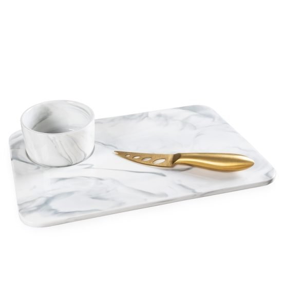 Savour Ceramic Marble Cheese Board with Dip Bowl & Gold Knife Set