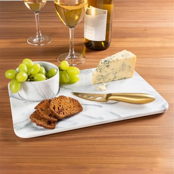 Savour Ceramic Marble Cheese Board with Dip Bowl & Gold Knife Set - Image 2